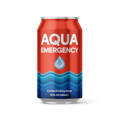 A 12 fl oz aluminum can of Aqua Emergency Purified Drinking Water, featuring a red upper half with white text and a blue wavy water pattern on the lower half, set against a plain white background.