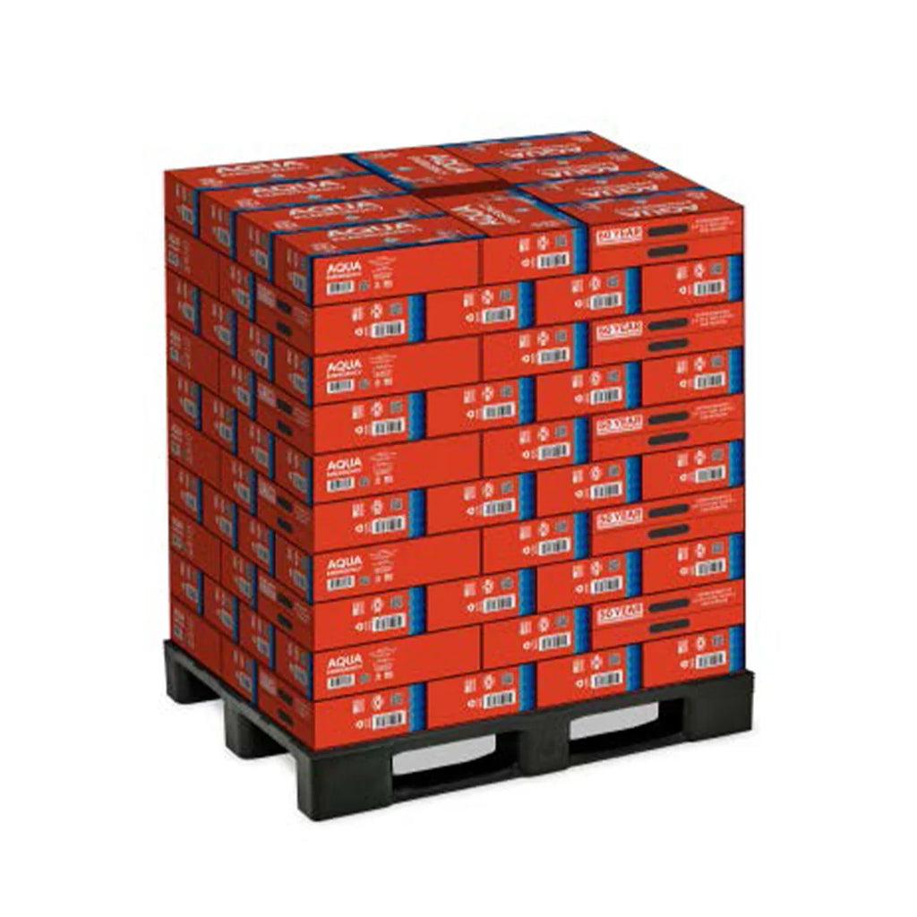 A black plastic pallet stacked with red and blue boxes of Aquas Citan, shown on a plain white background.