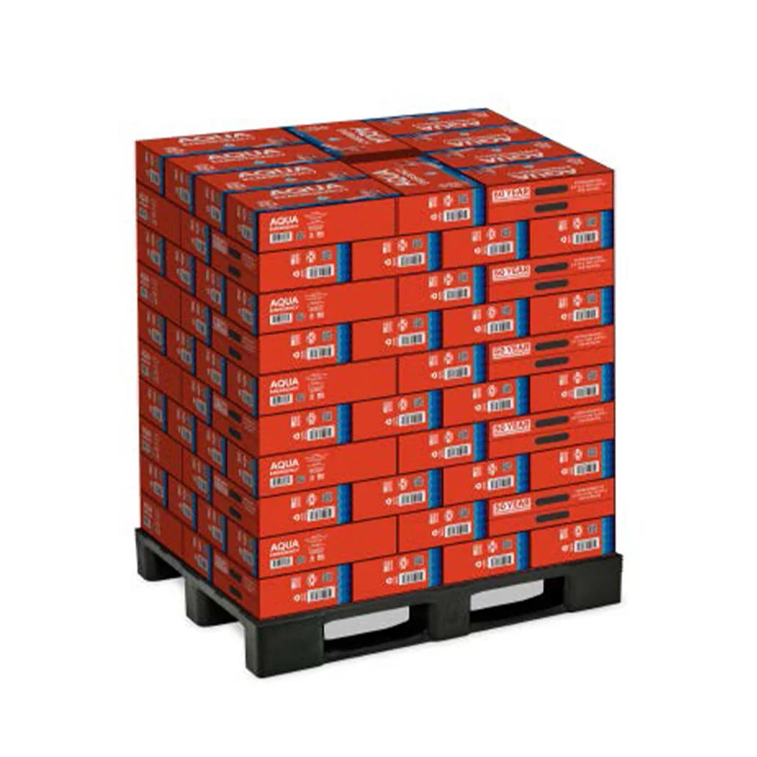 A black plastic pallet stacked with red and blue boxes of Aquas Citan, shown on a plain white background.