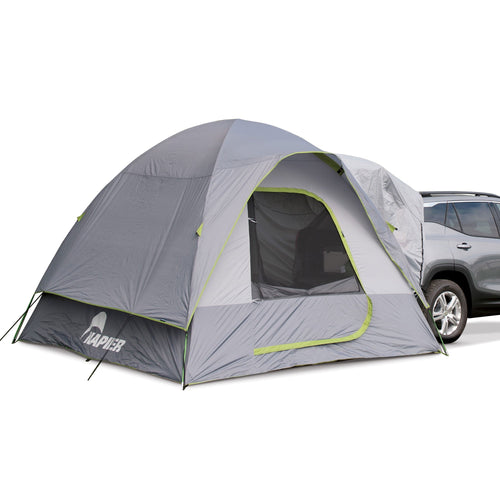 Gray camping tent with green accents next to a silver SUV on a white background