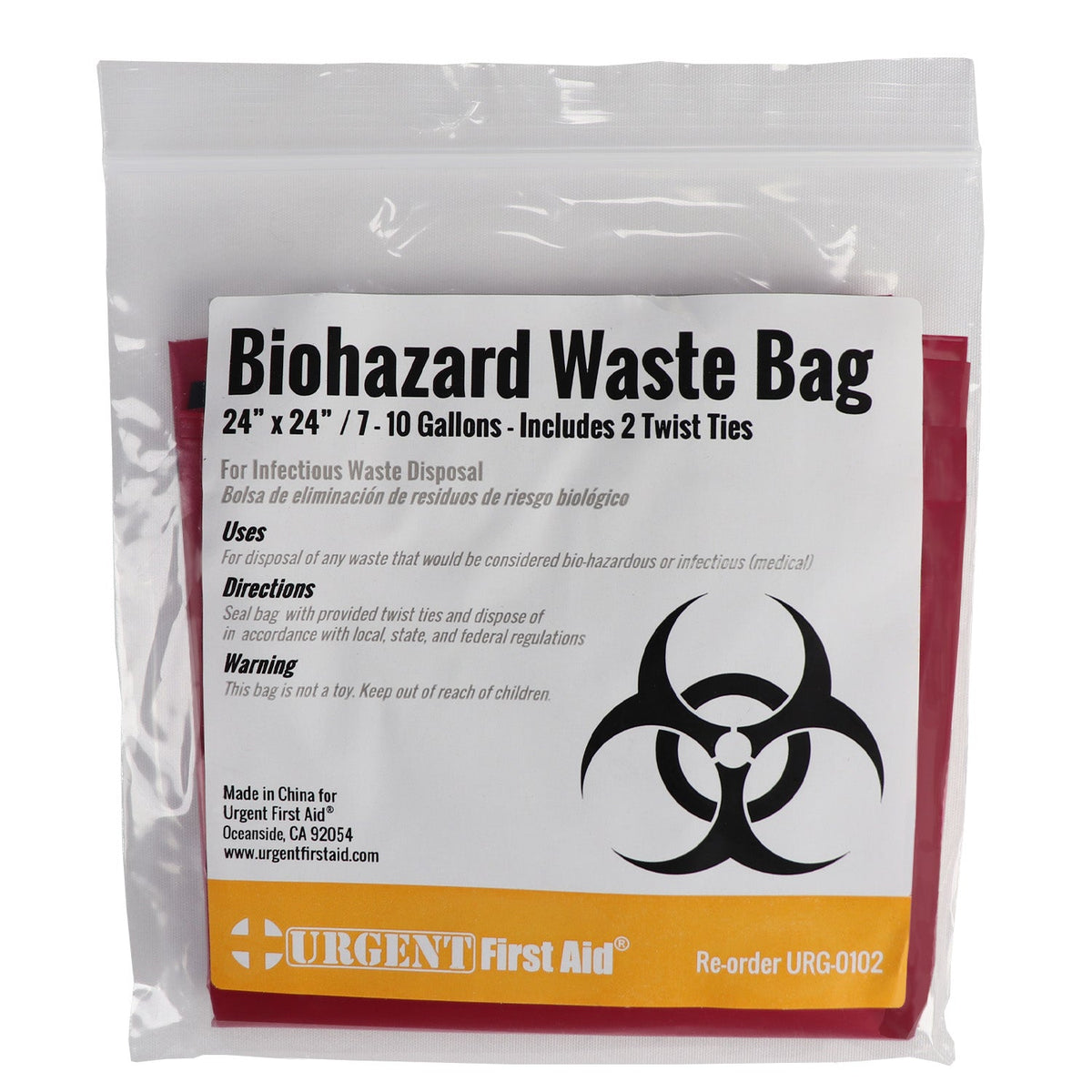 Biohazard waste bag packaging with a biohazard symbol on a white background