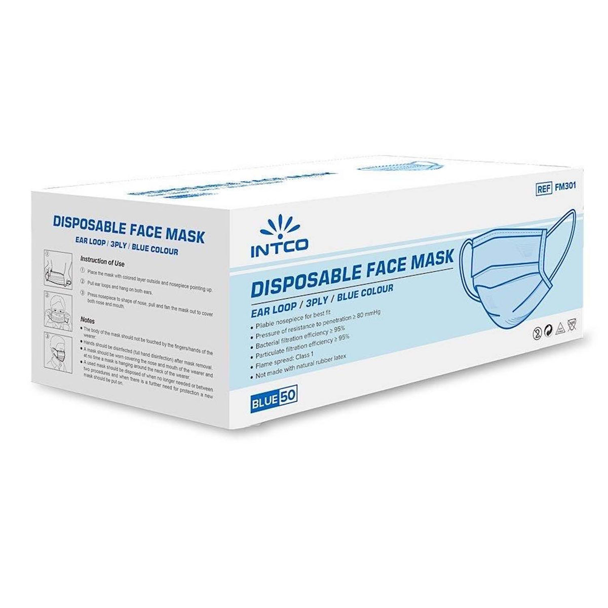 Box of Intco disposable face masks on a white background