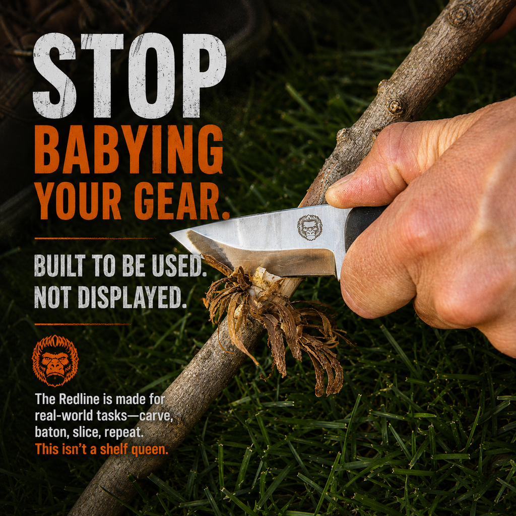 Person using a knife to cut a branch with promotional text about gear use.