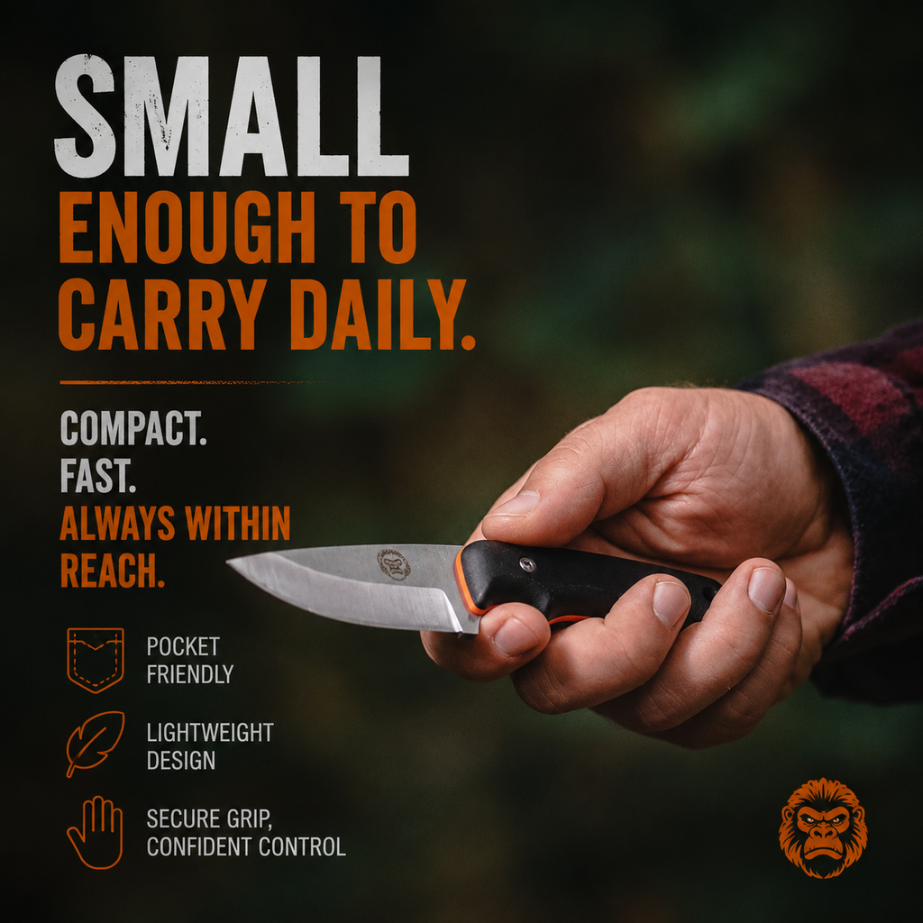 Hand holding a knife with promotional text and branding on a dark background