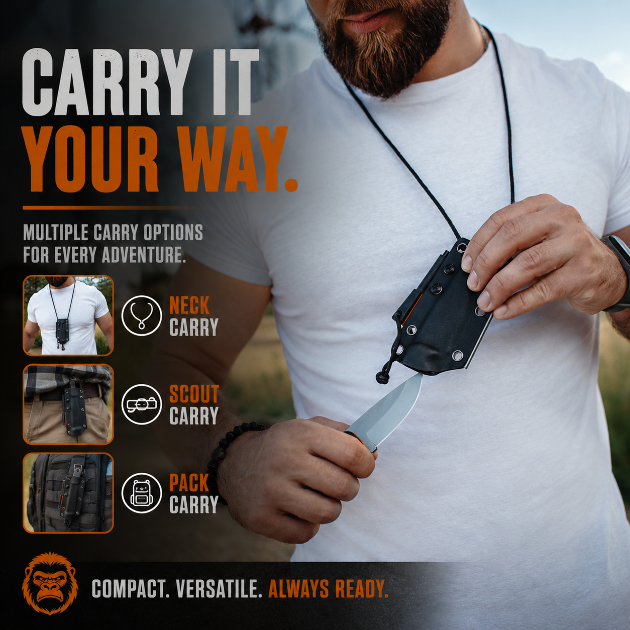 Person holding a knife with multiple carrying options displayed on screen