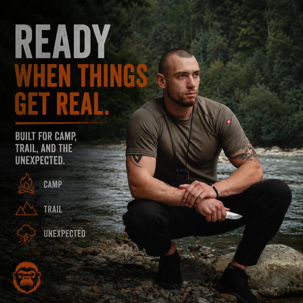 Man squatting by a river with outdoor gear, surrounded by nature.