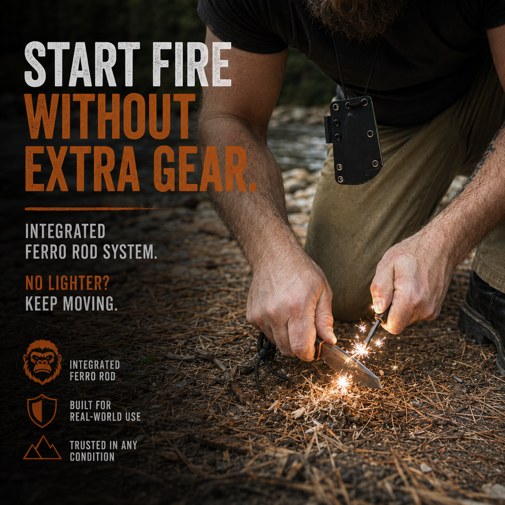 Person using a fire-starting tool with text about integrated ferro rod system.