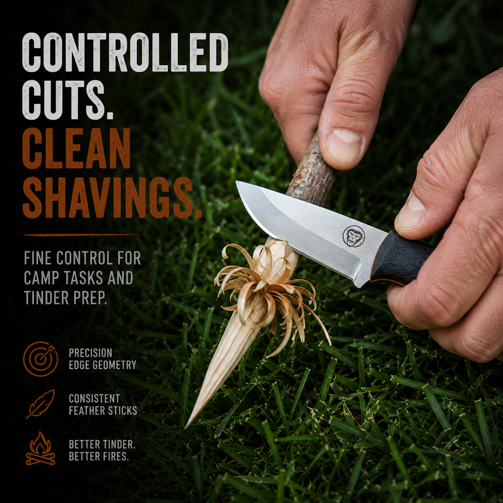 Person using a knife to cut a stick with text about controlled cuts and clean shavings on a grassy background.