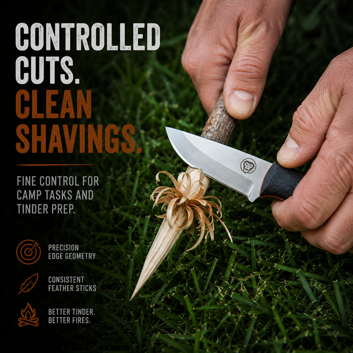 Person using a knife to cut a stick with text about controlled cuts and clean shavings on a grassy background.