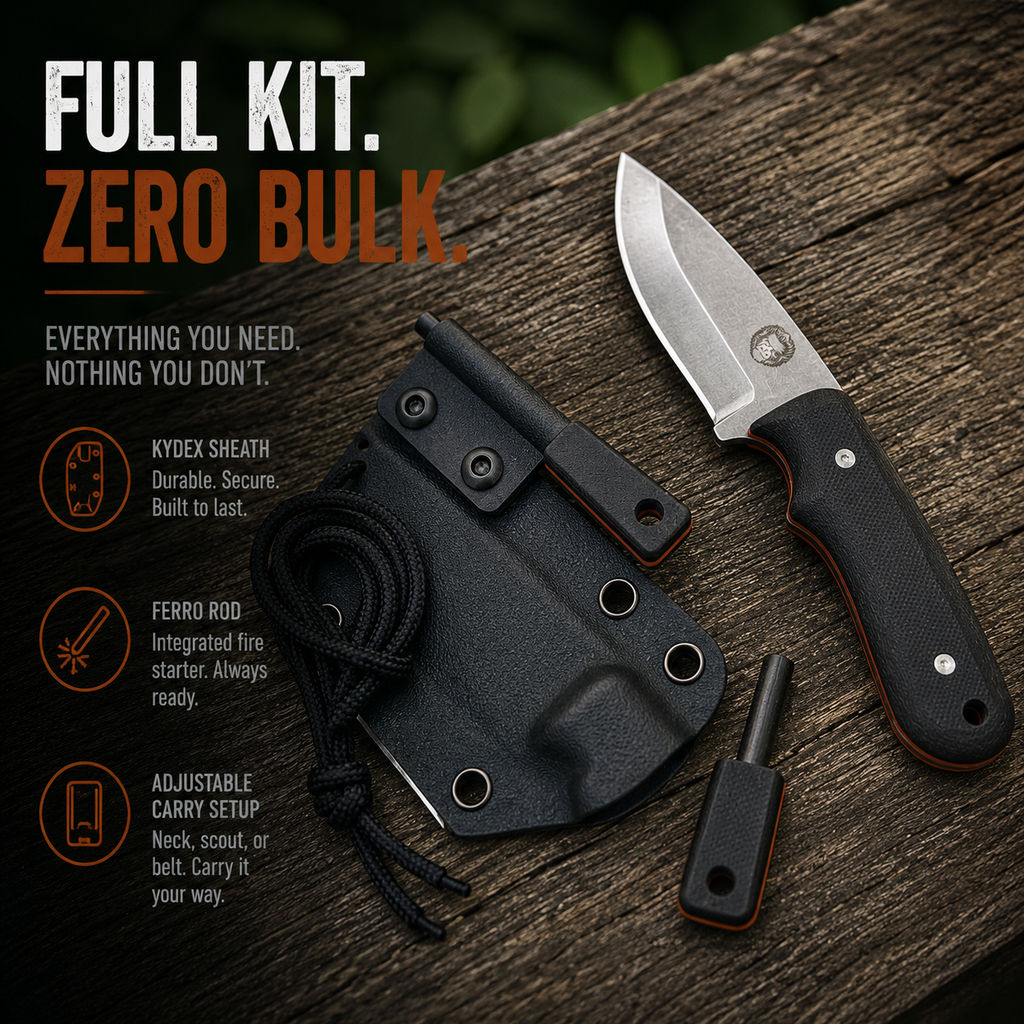 Knife with black sheath and fire starter on a wooden surface, with text 'Full Kit. Zero Bulk.'