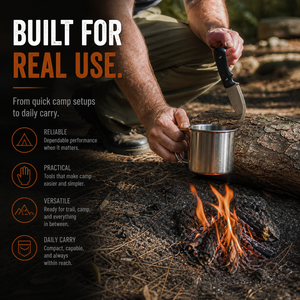 Person cooking over a campfire with text about product features.