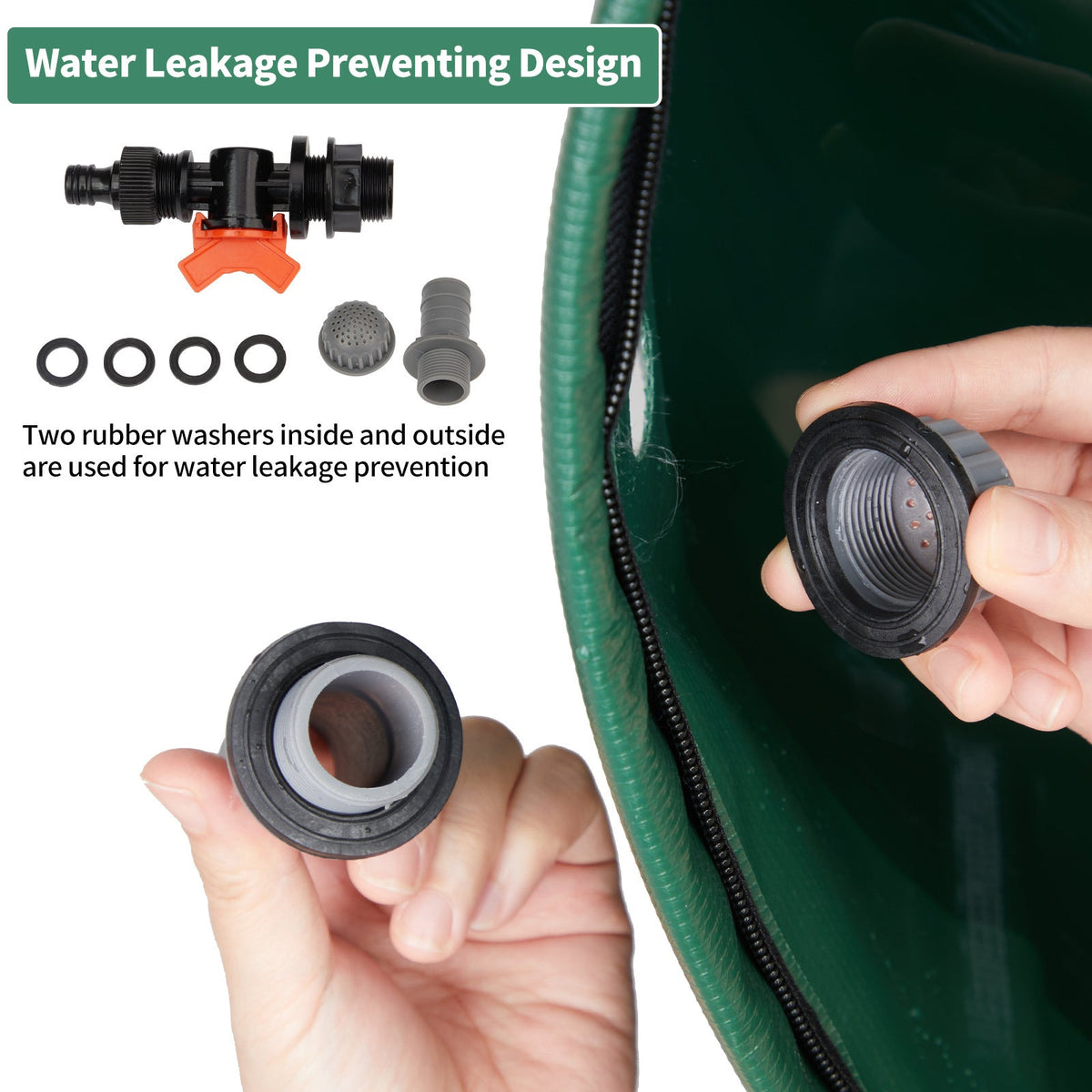 Water leakage prevention design with rubber washers and hose in hand on a white background