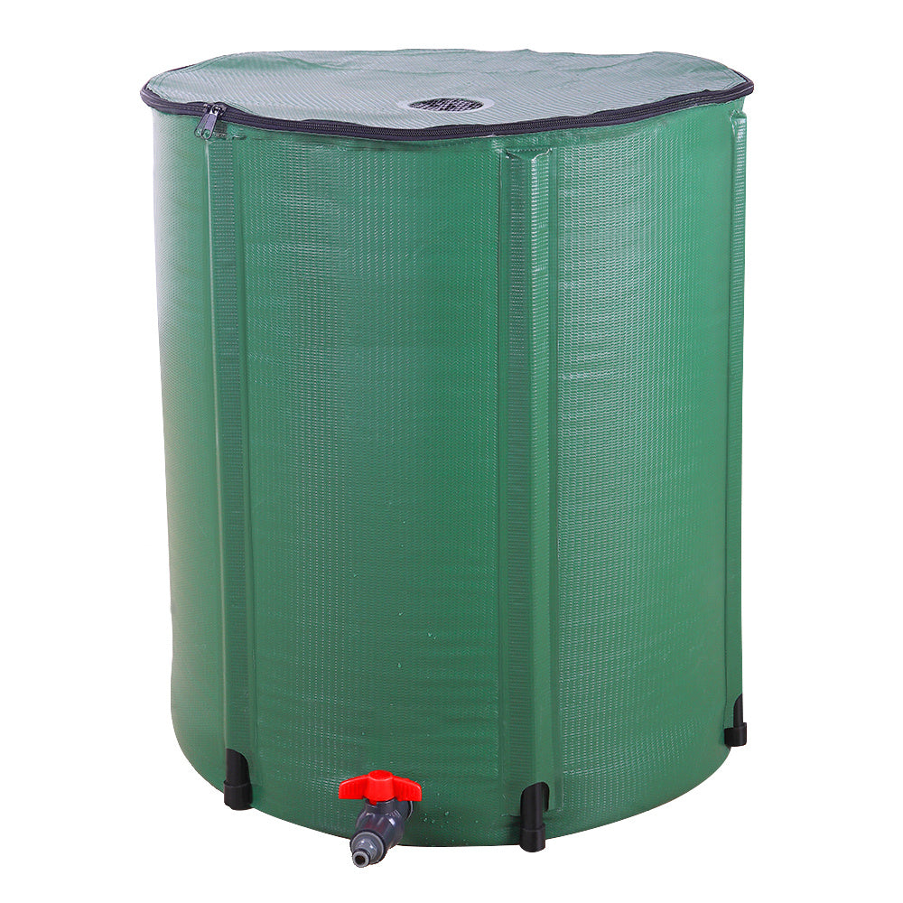 Green rain barrel with a red overflow valve on a white background