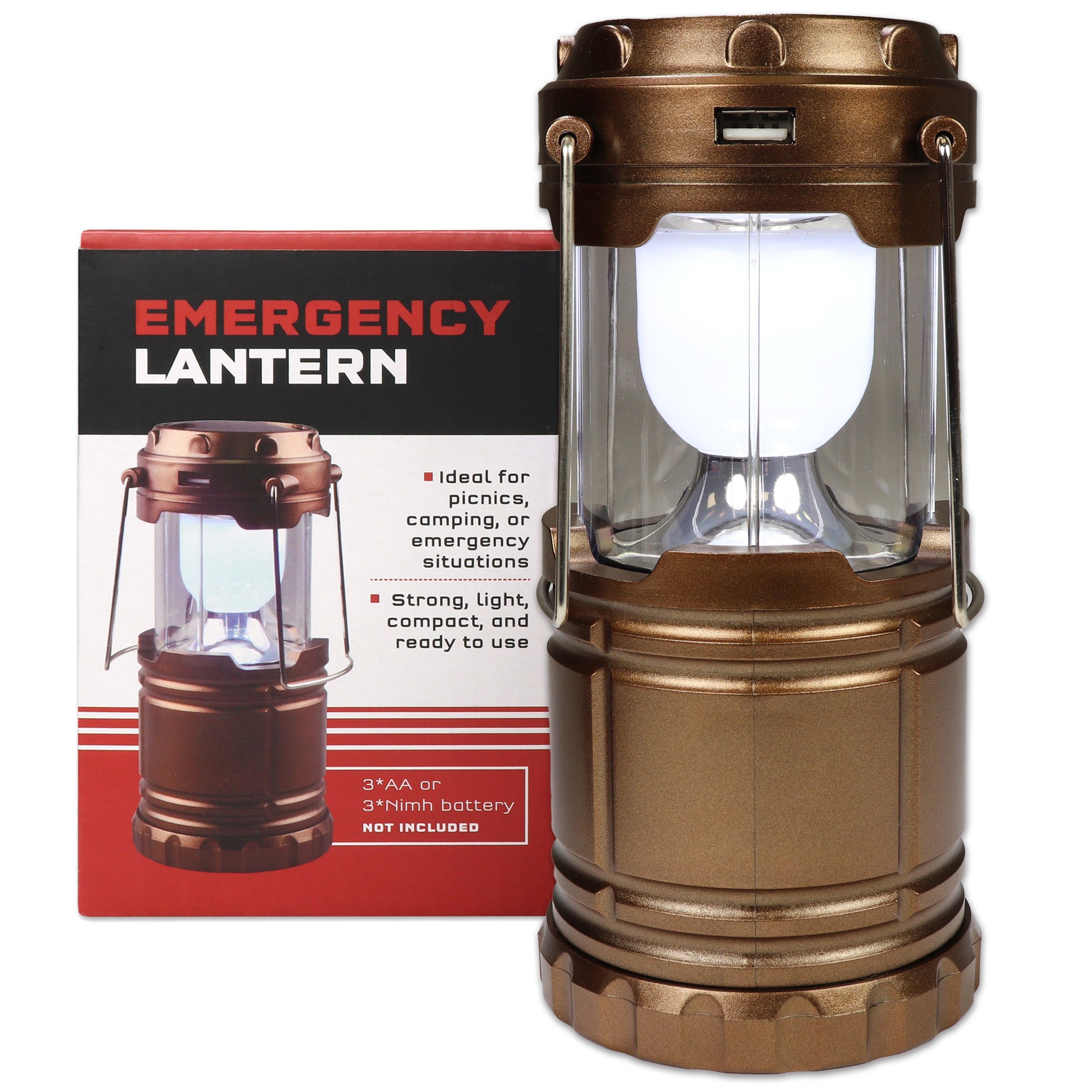 Emergency lantern in a metallic bronze/copper color with a clear glass shade and white LED light, shown next to its retail box on a white background.