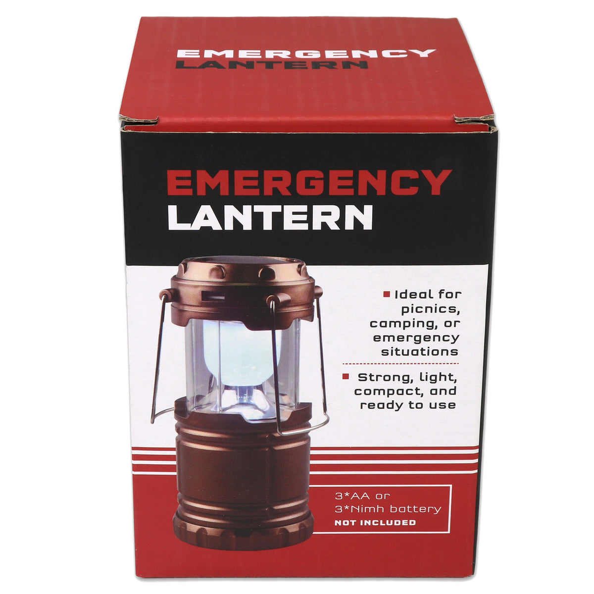 Box of an emergency lantern with a red and black design.