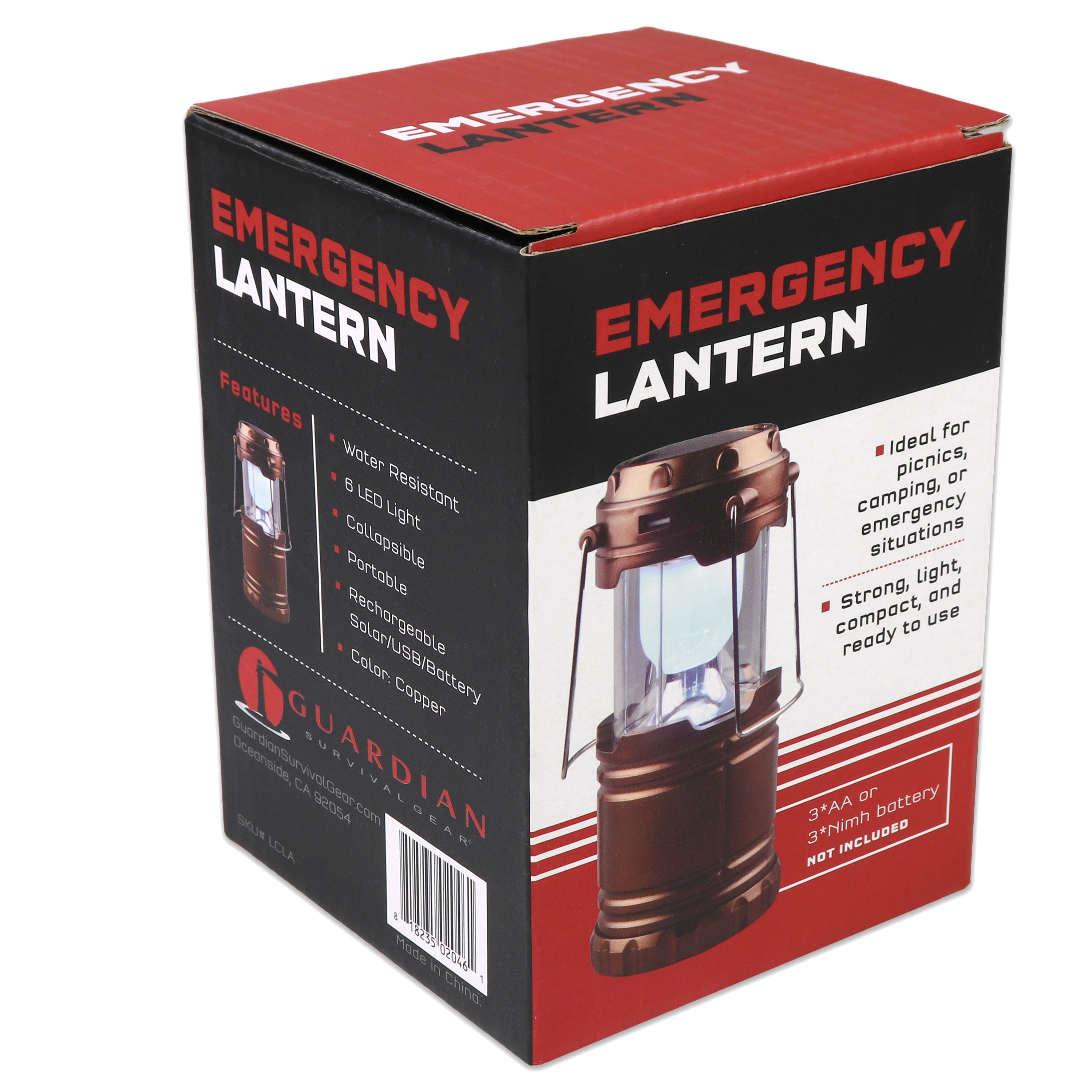 Box of a Guardian Emergency Lantern with red and black design