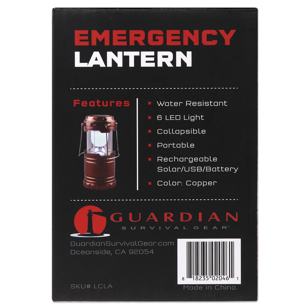 Guardian Survival Gear emergency lantern packaging with features listed