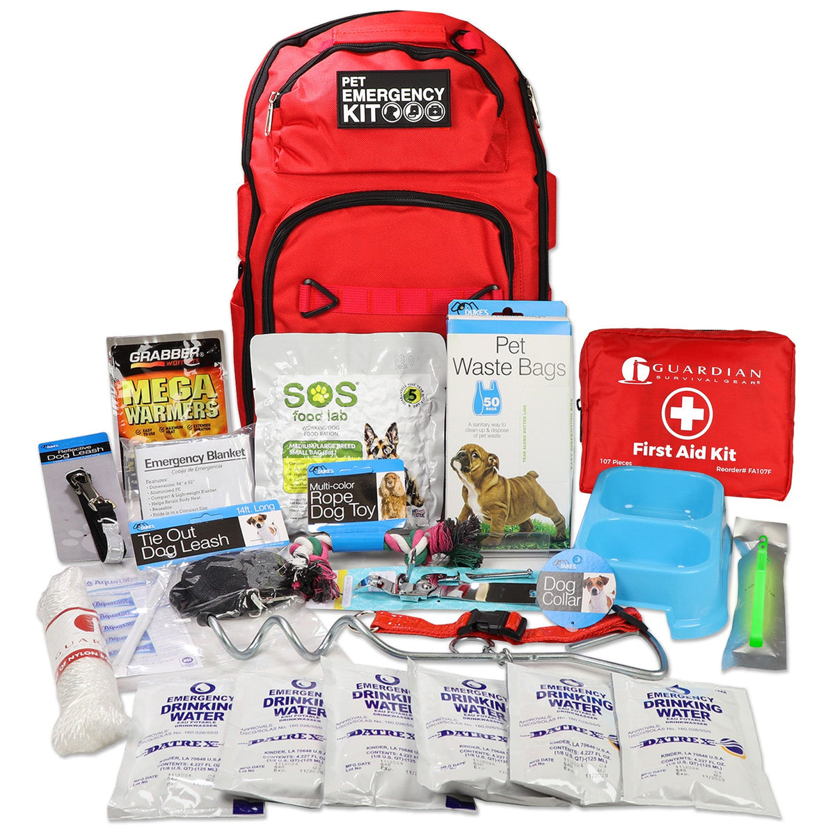 Pet emergency kit with various supplies including a red backpack, water packets, and first aid items on a white background.