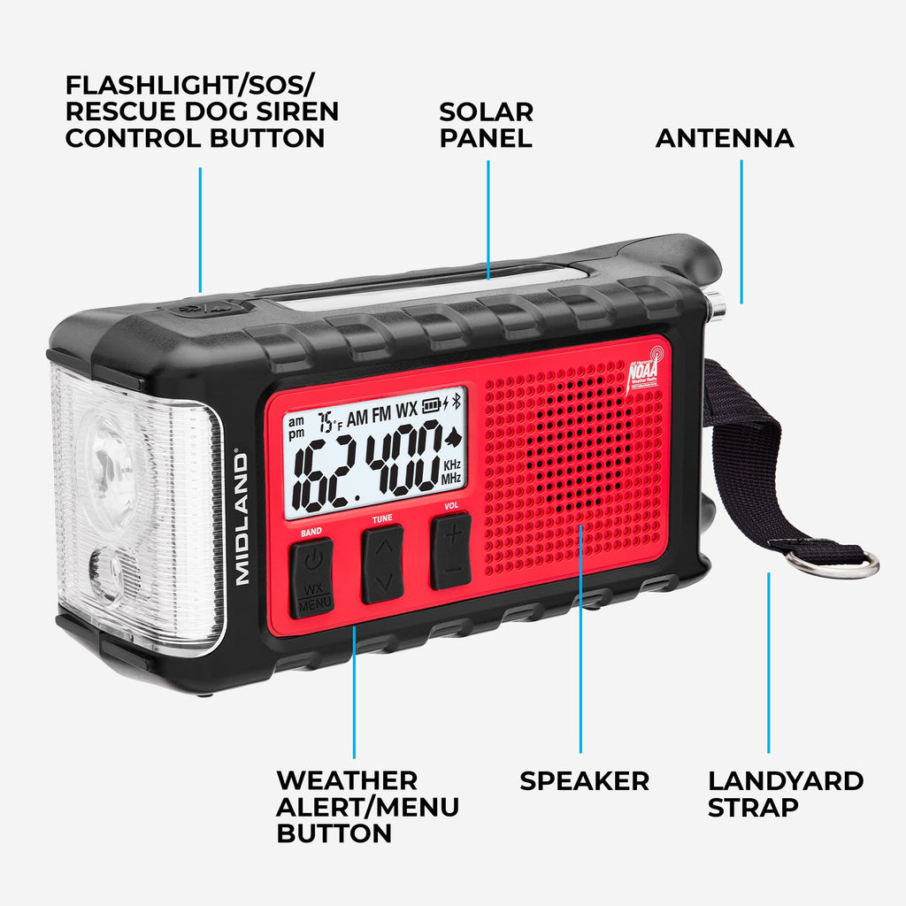 Multifunctional device with flashlight, SOS button, solar panel, antenna, weather alert button, speaker, and landyard strap on a white background.