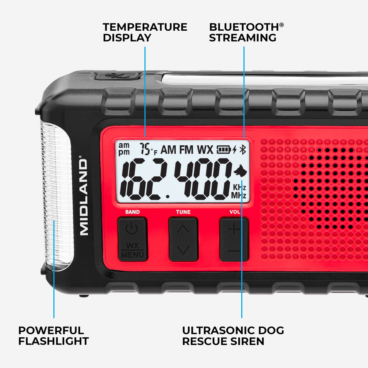 Red and black Midland radio with features highlighted on a white background
