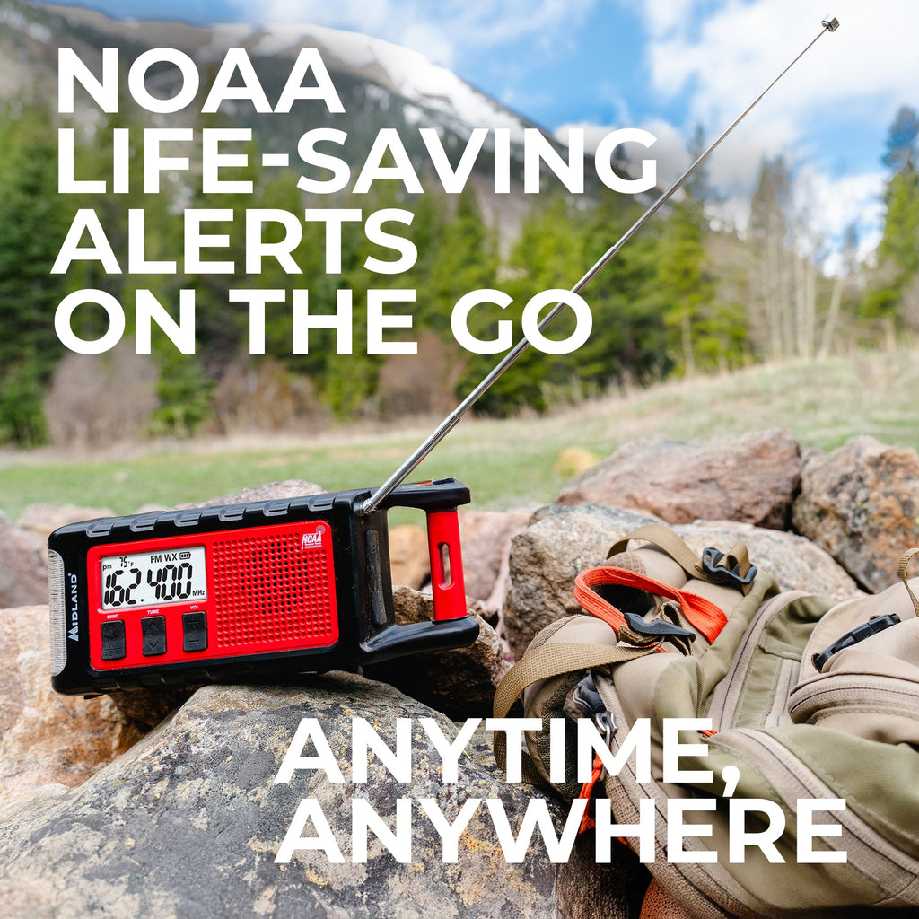 NOAA radio on a rock with mountains in the background and text about life-saving alerts.