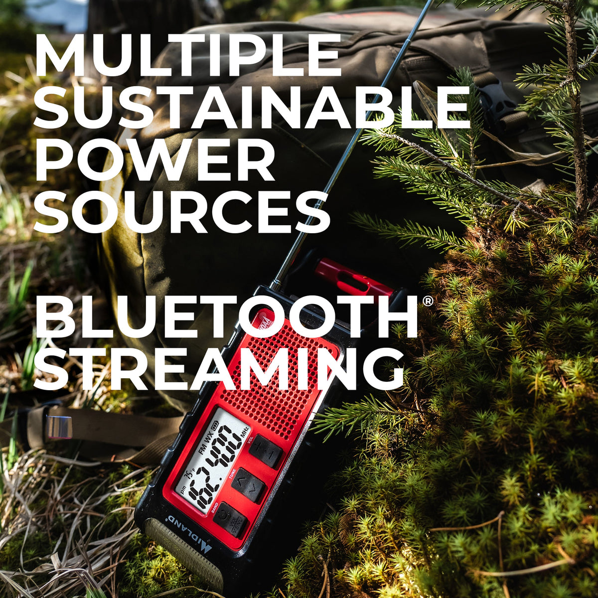 A red and black portable radio lies on forest moss and branches outdoors, with large white text reading 'MULTIPLE SUSTAINABLE POWER SOURCES' and 'BLUETOOTH STREAMING' overlaid across the scene.