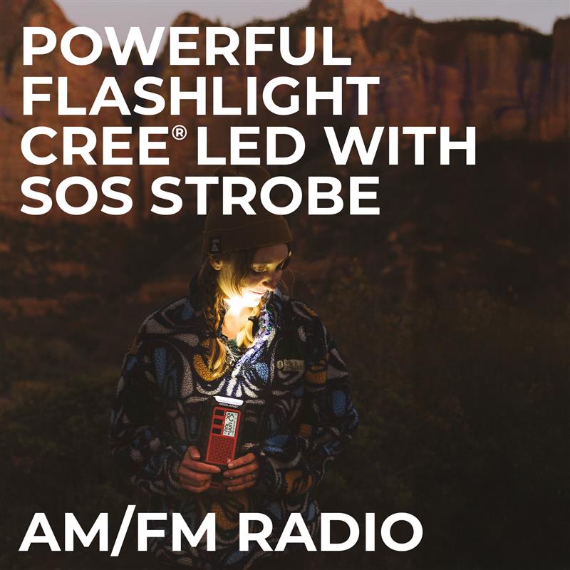 A promotional graphic for a Cree LED flashlight with SOS strobe, featuring a person outdoors at dusk holding the flashlight. Large white text reads 'POWERFUL FLASHLIGHT CREE LED WITH SOS STROBE' and 'AM/FM RADIO'.