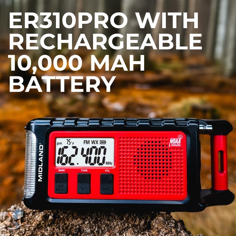A red and black Midland ER310PRO portable radio with a digital display, shown outdoors on a log with large white text overlay reading 'ER310PRO WITH RECHARGEABLE 10,000 MAH BATTERY'.