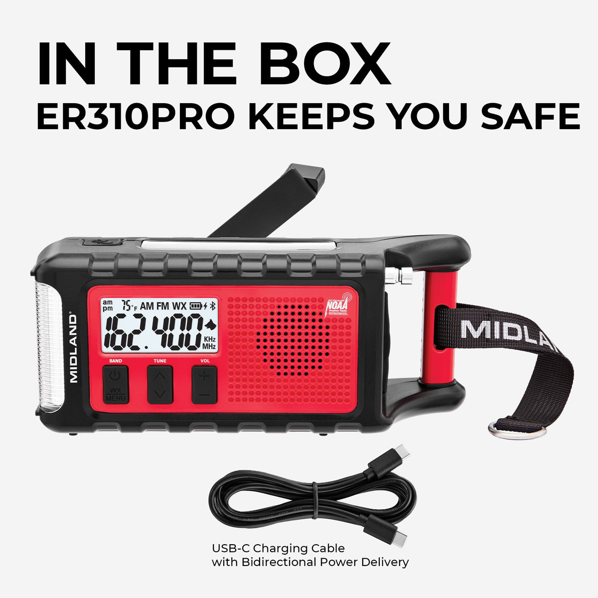 Red and black Midland emergency radio with USB-C charging cable on a white background