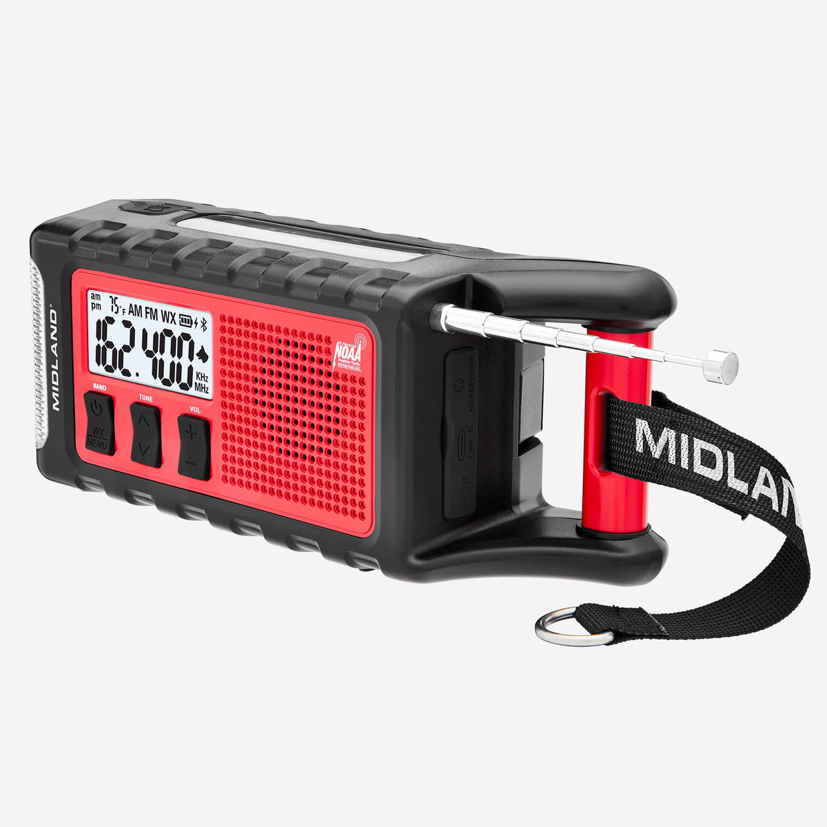 A rugged portable emergency radio with a black and red body, a digital display screen, a folding handle, an extended whip antenna, and a black wrist strap with the brand name MIDLAND.