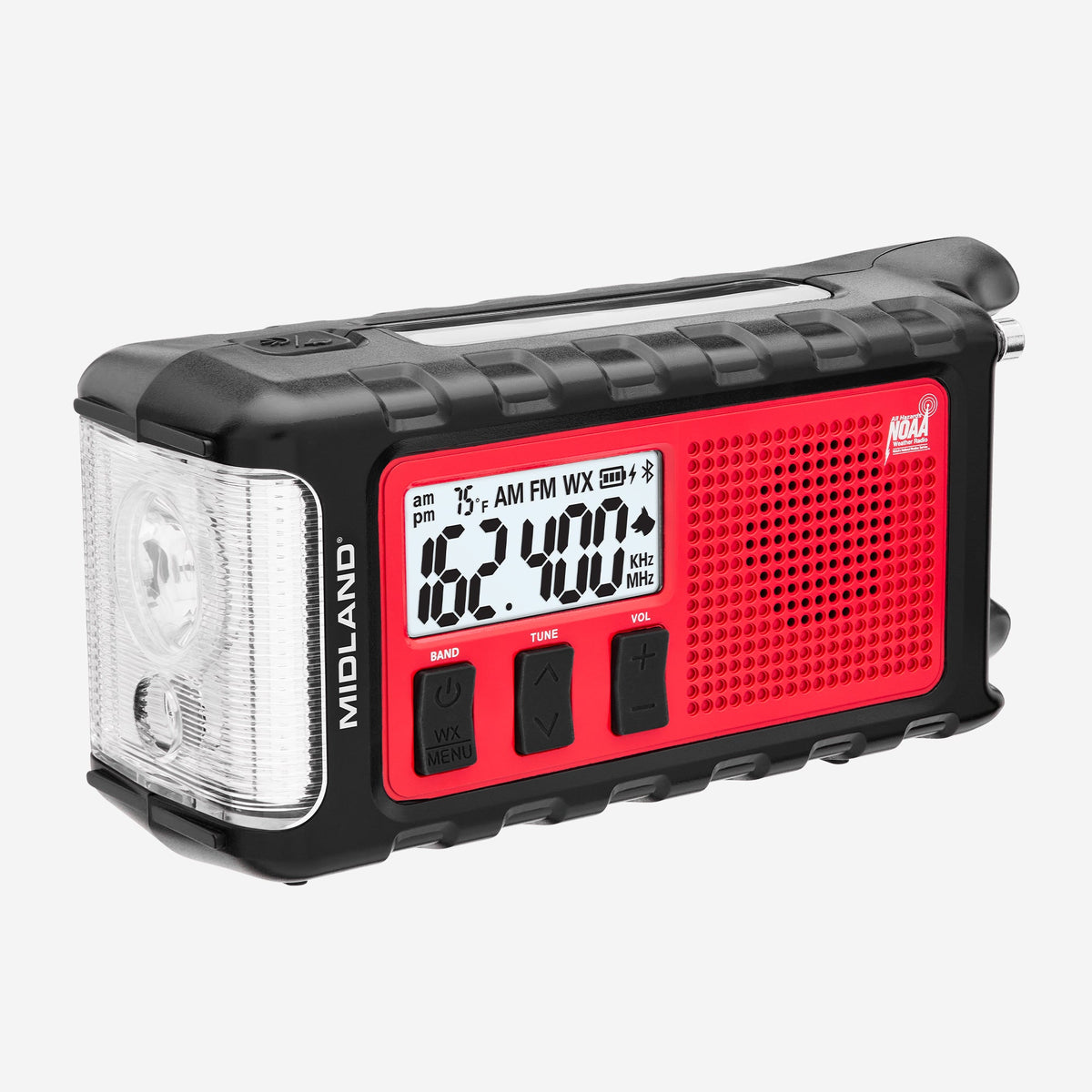 A red and black portable emergency radio with a built-in LED light, digital display screen, and three control buttons, shown on a light gray background.
