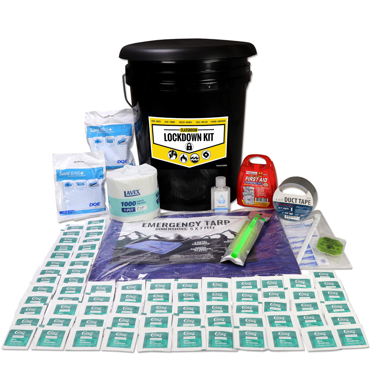 Emergency preparedness kit with various supplies including a black bucket labeled 'Lockdown Kit'.