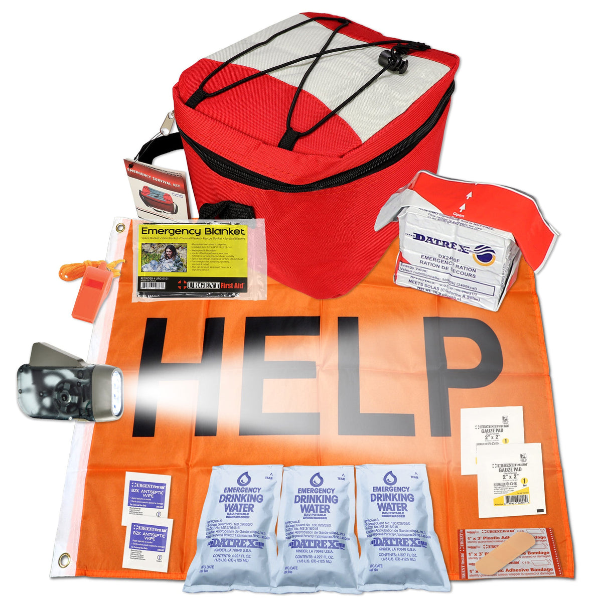 Emergency kit with red bag, 'HELP' sign, water packets, and other supplies on a white background