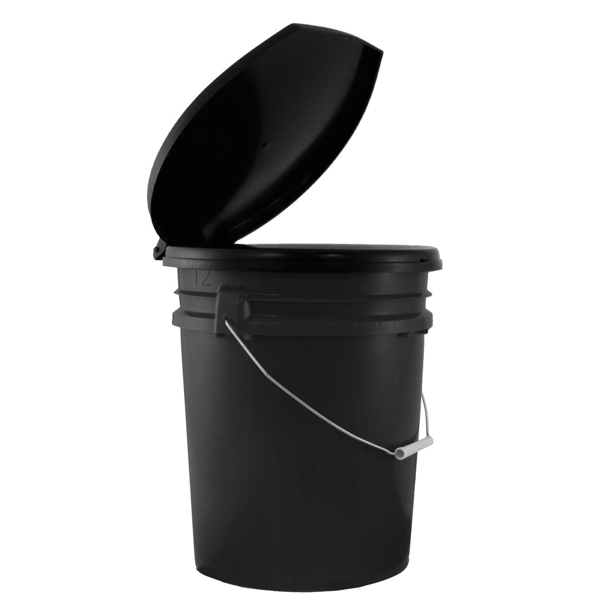 Black bucket with open lid on a white background