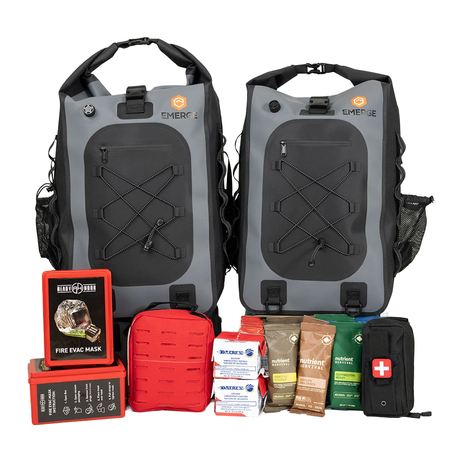 Two gray backpacks with emergency supplies on a white background