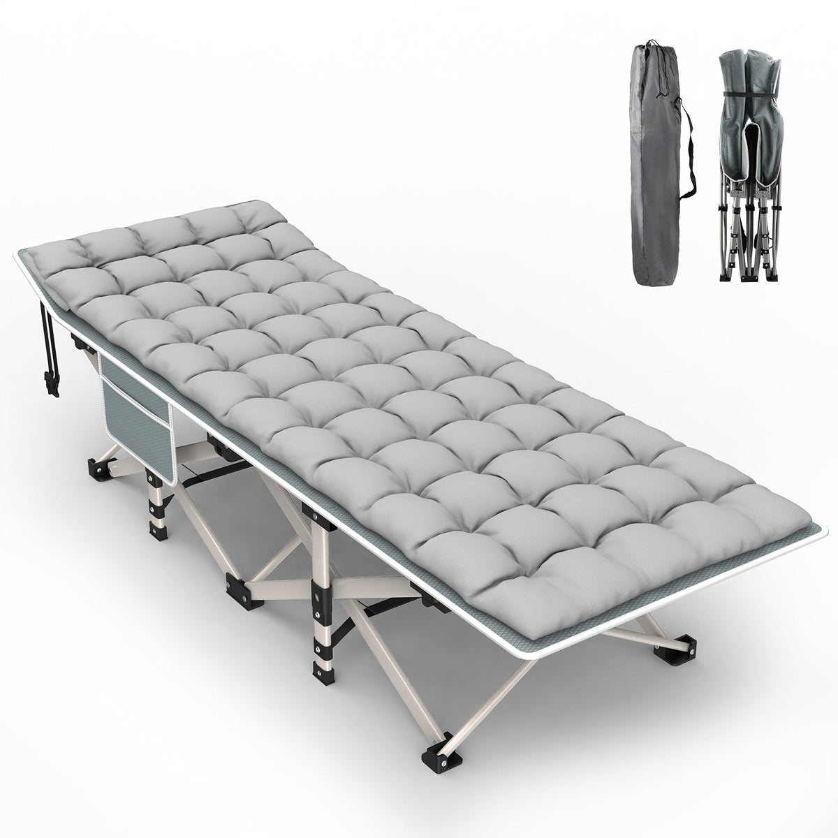 Foldable camping bed with mattress and carrying bag on a white background