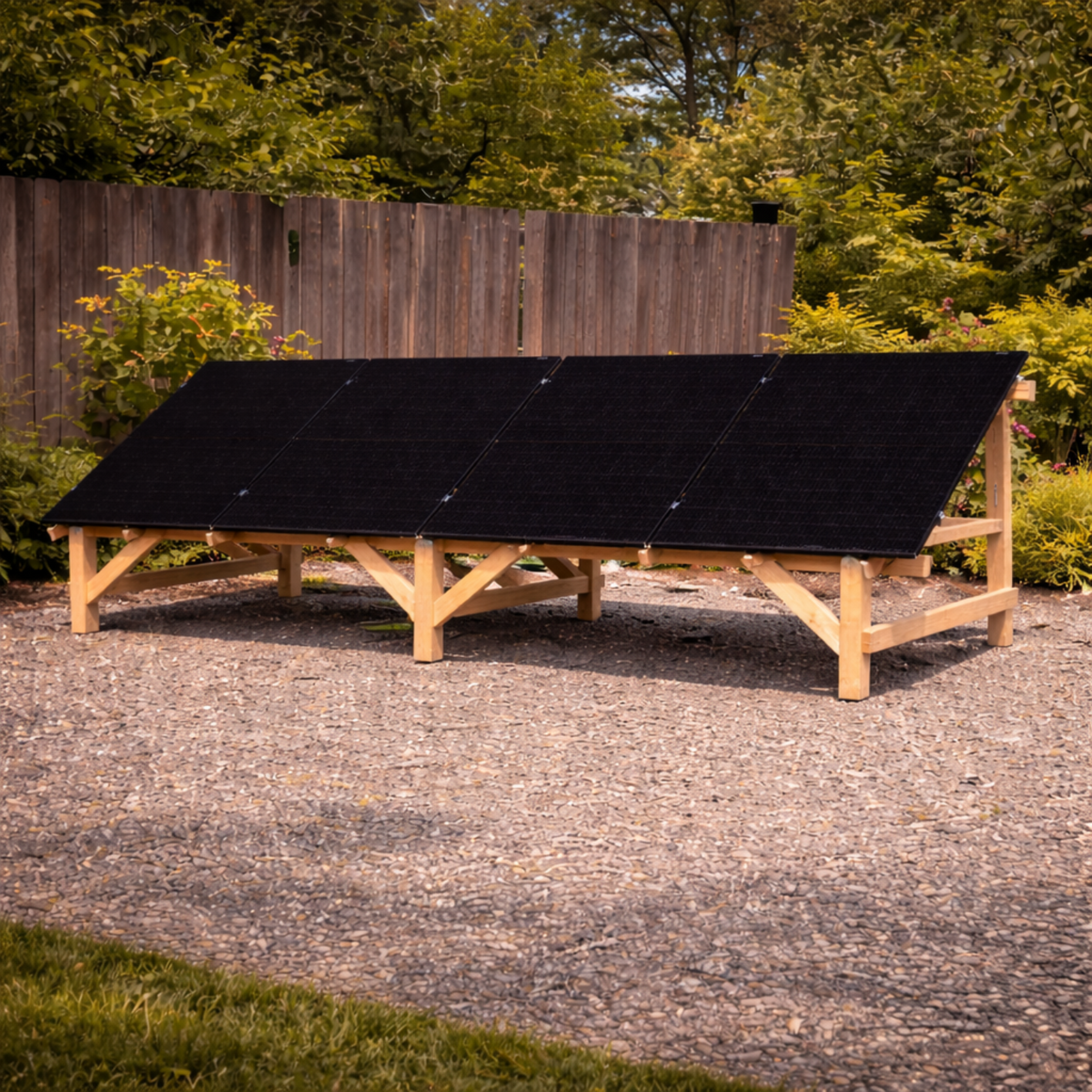 Solar panels on a wooden frame outdoors with trees in the background