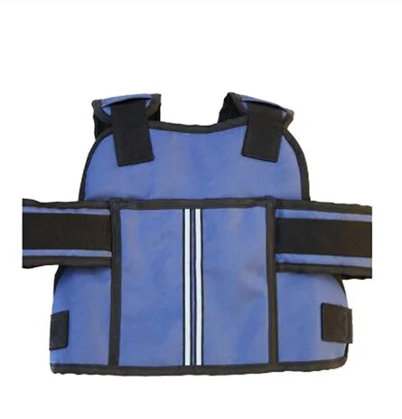 Blue weight vest with black straps on a white background