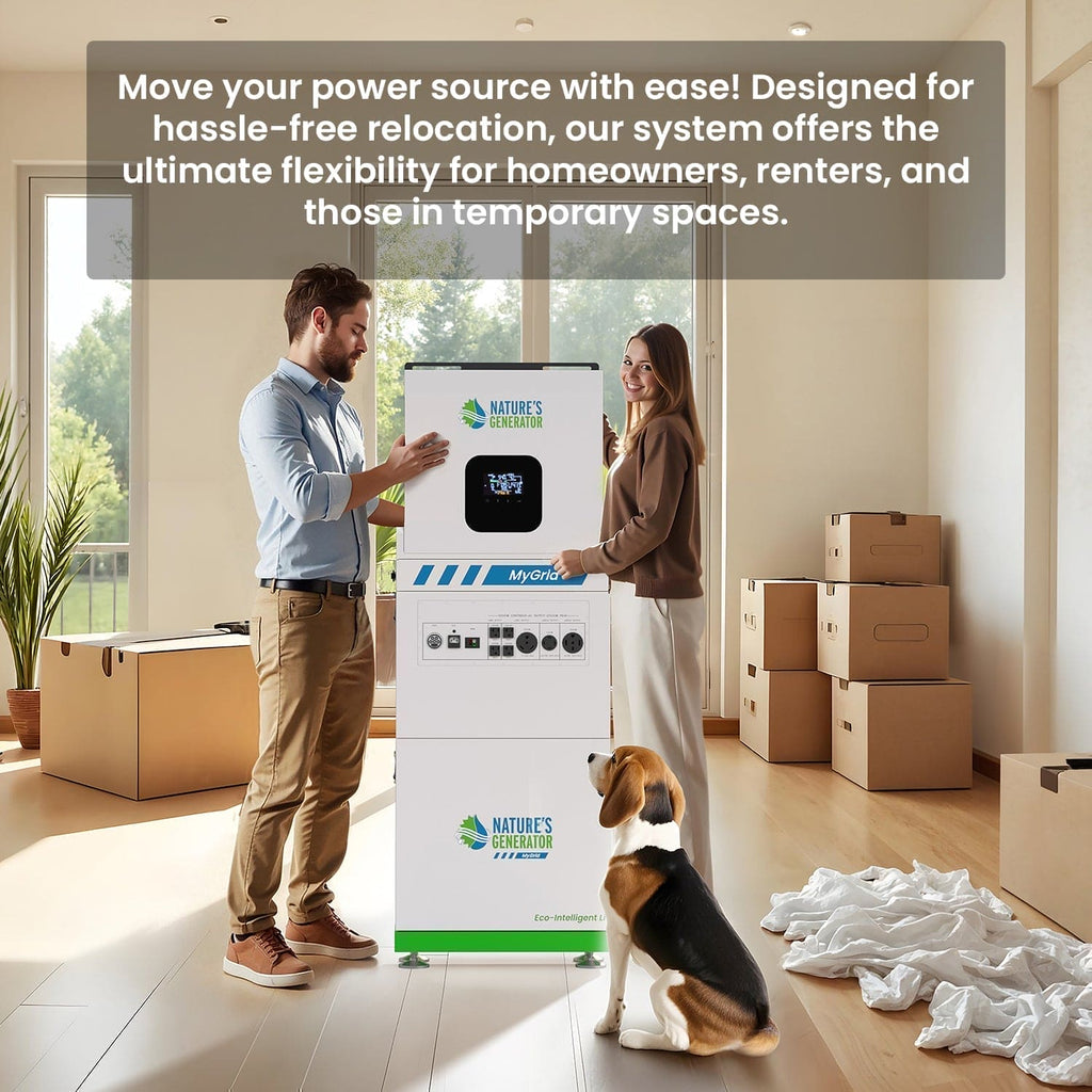Two people and a dog standing next to a power station with text about its flexibility for homeowners and renters.