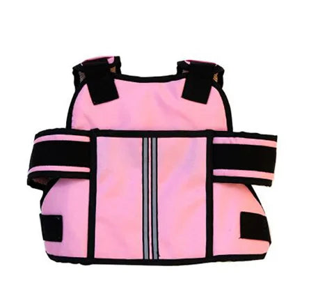 Pink weight vest with black straps on a white background