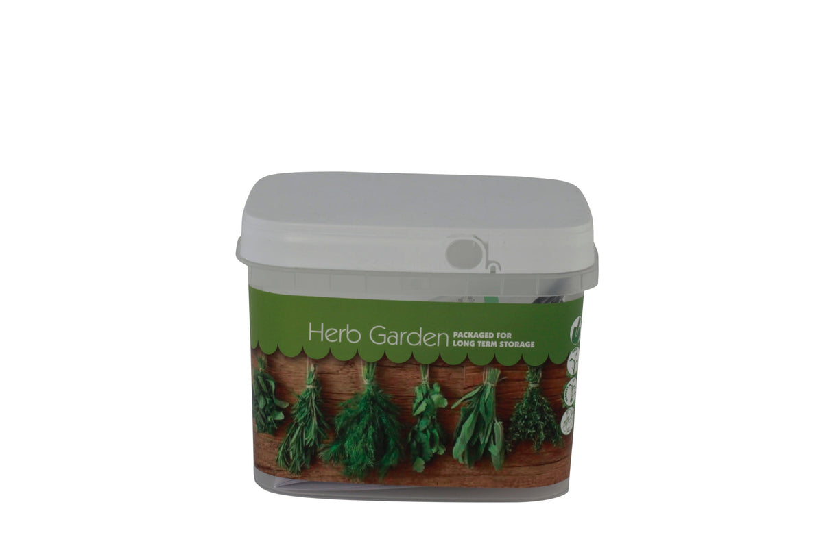 Container labeled 'Herb Garden' with a design of herbs on a white background