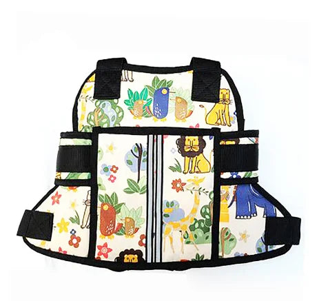 Children's safety harness with animal pattern on a white background