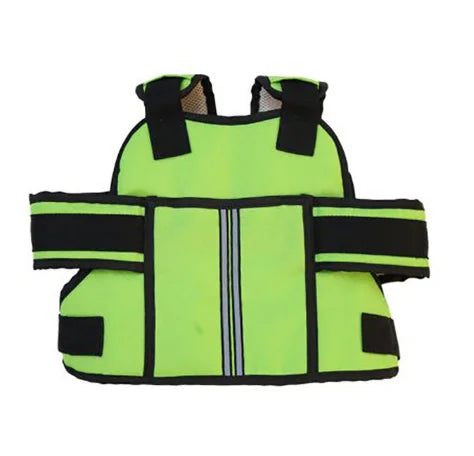 Fluorescent green safety vest with black accents on a white background