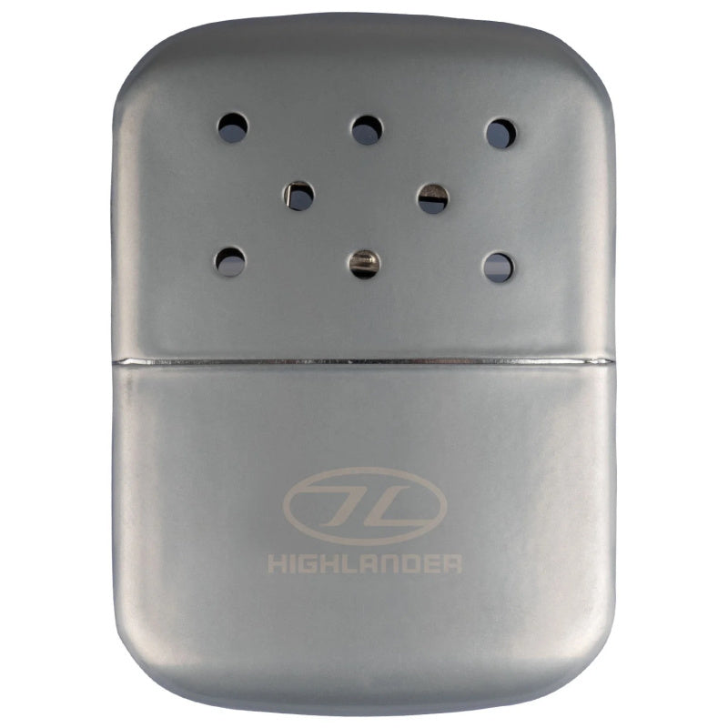 Silver hand warmer with 'Highlander' logo on a white background