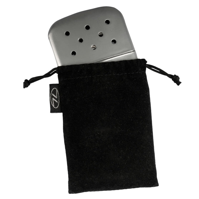 Hand warmer in a black drawstring pouch on a white background