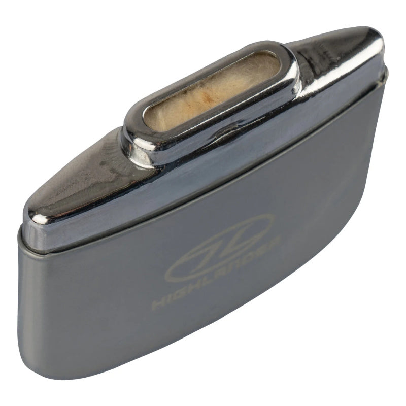 Metallic lighter with a visible brand logo on a white background