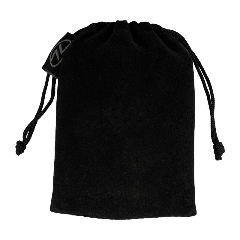 Black drawstring pouch on a white background
