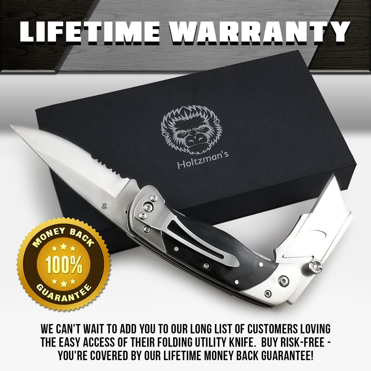 Folding knife with Holzmann's brand logo and lifetime warranty guarantee on a gray background