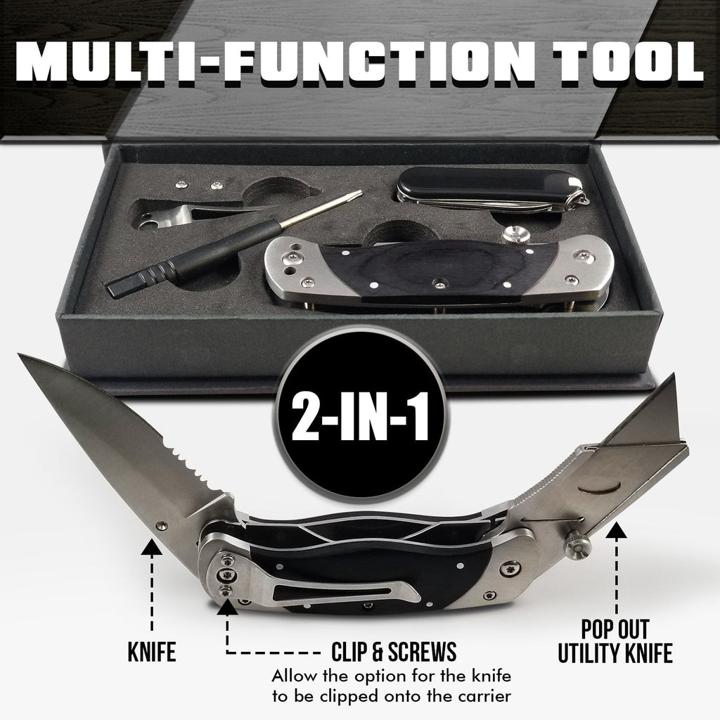 Multi-function tool set with knife and utility knife, showing '2-in-1' feature.