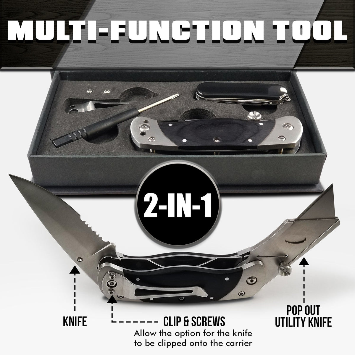 Multi-function tool set with knife and utility knife, showing '2-in-1' feature.